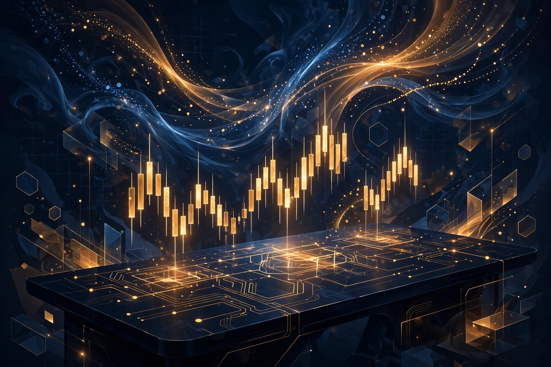 Abstract illustration of a financial data terminal with glowing market charts, Bloomberg LP wealth concept