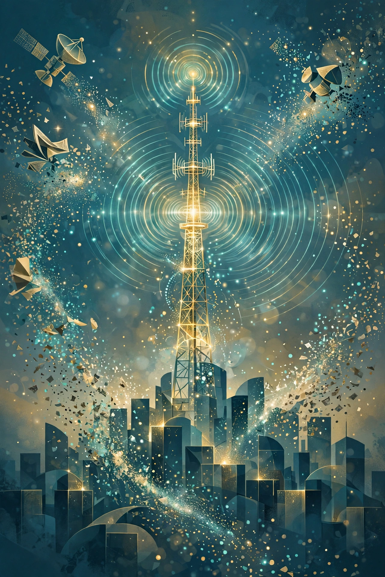 Abstract illustration of a media broadcast tower over a city skyline, Bloomberg media empire concept