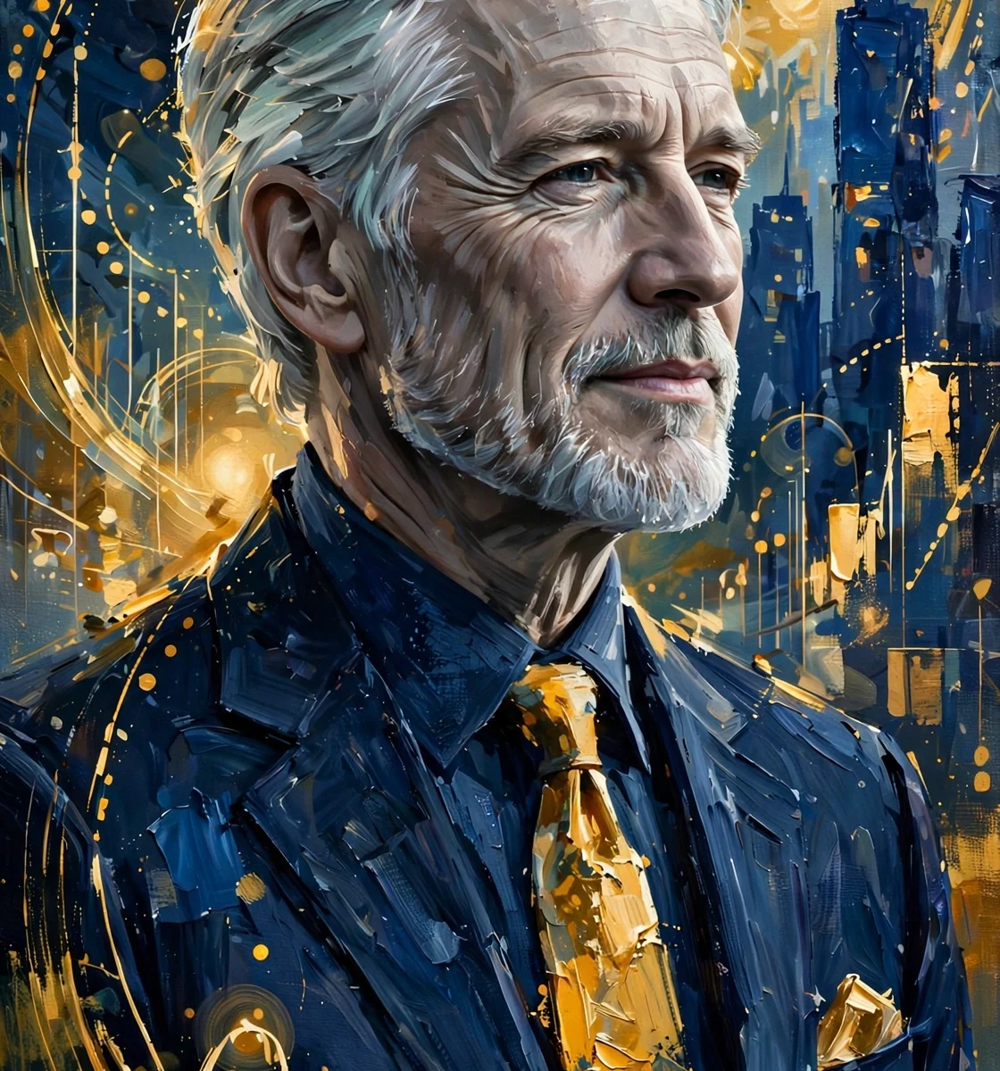 Digital illustration portrait of a silver-haired businessman with financial charts, Michael Bloomberg net worth 2026