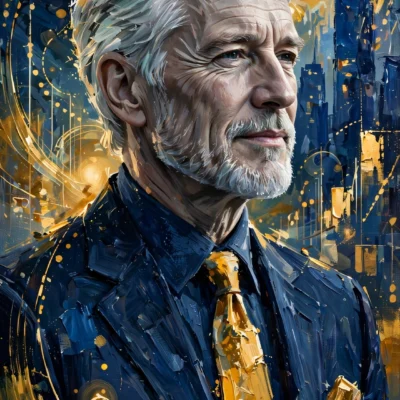 Digital illustration portrait of a silver-haired businessman with financial charts, Michael Bloomberg net worth 2026