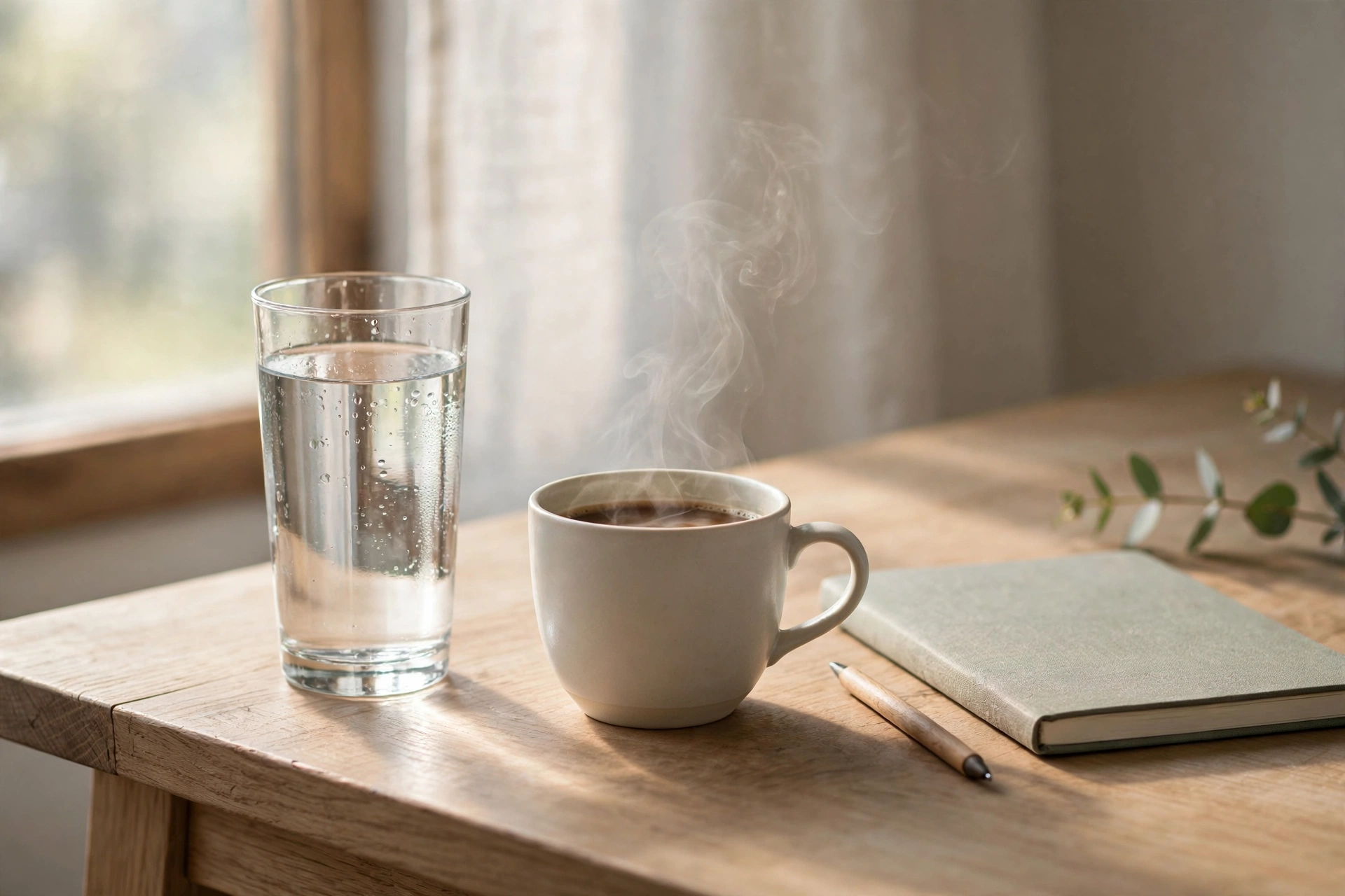 Glass of water next to coffee cup and notebook on desk in morning light for productive routine