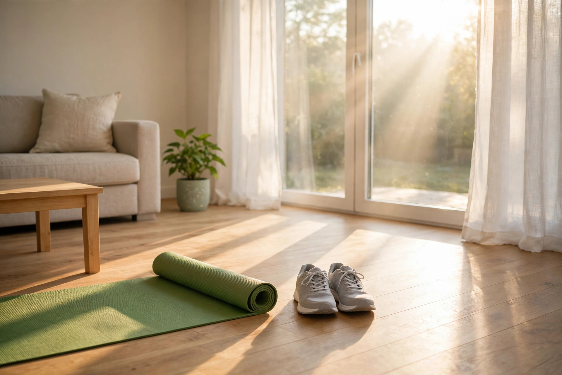 Yoga mat and running shoes in sunlit room, morning exercise as part of productive routine