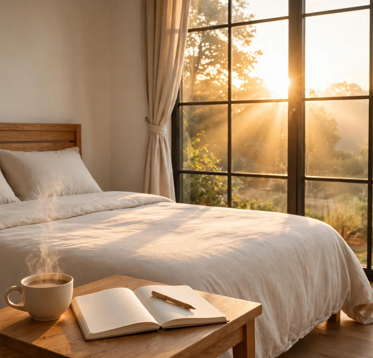 Sunlit bedroom at sunrise with coffee and open journal, a calm morning routine for productivity setup