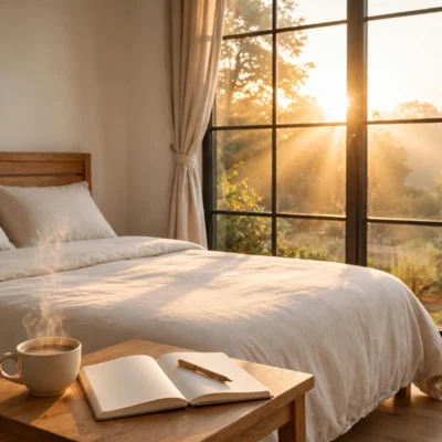 Sunlit bedroom at sunrise with coffee and open journal, a calm morning routine for productivity setup