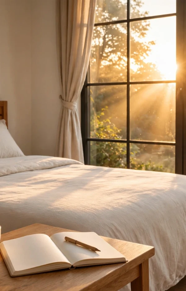 Sunlit bedroom at sunrise with coffee and open journal, a calm morning routine for productivity setup