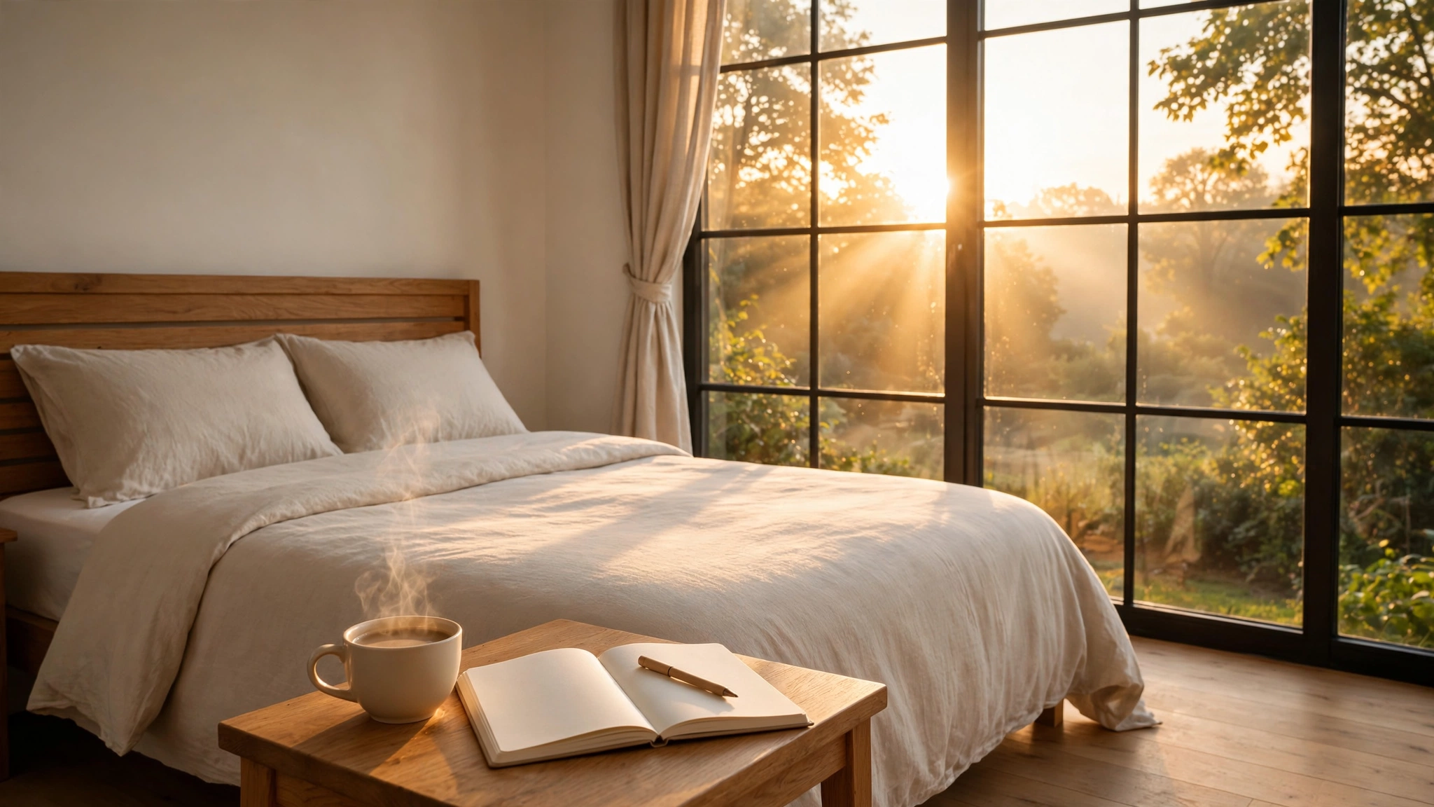 Sunlit bedroom at sunrise with coffee and open journal, a calm morning routine for productivity setup