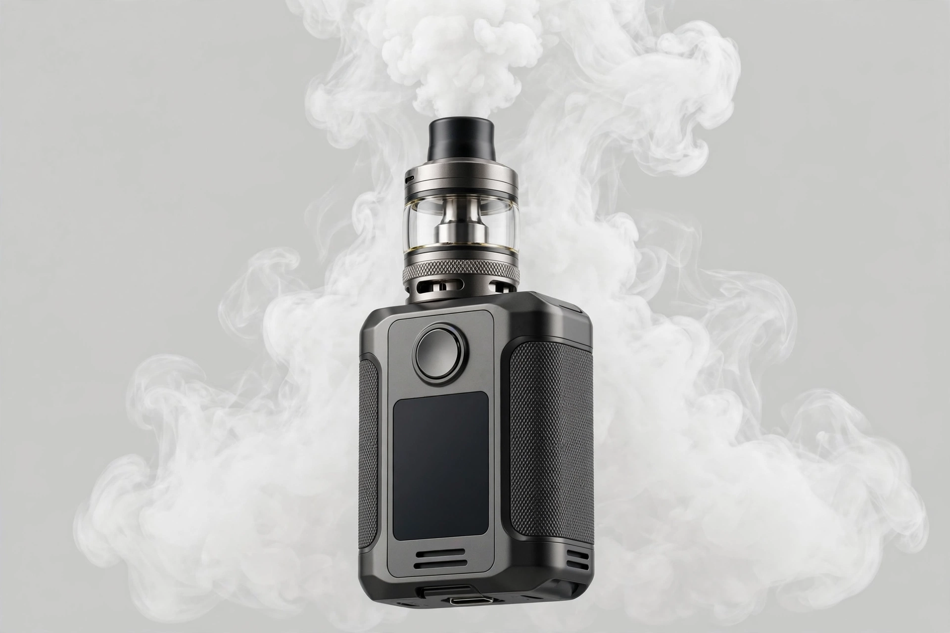 Large sub-ohm vape device producing thick vapour clouds illustrating DL vaping style