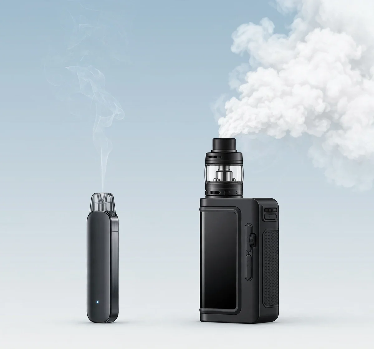 MTL vs DL vaping comparison: slim pod device and box mod with vapour clouds