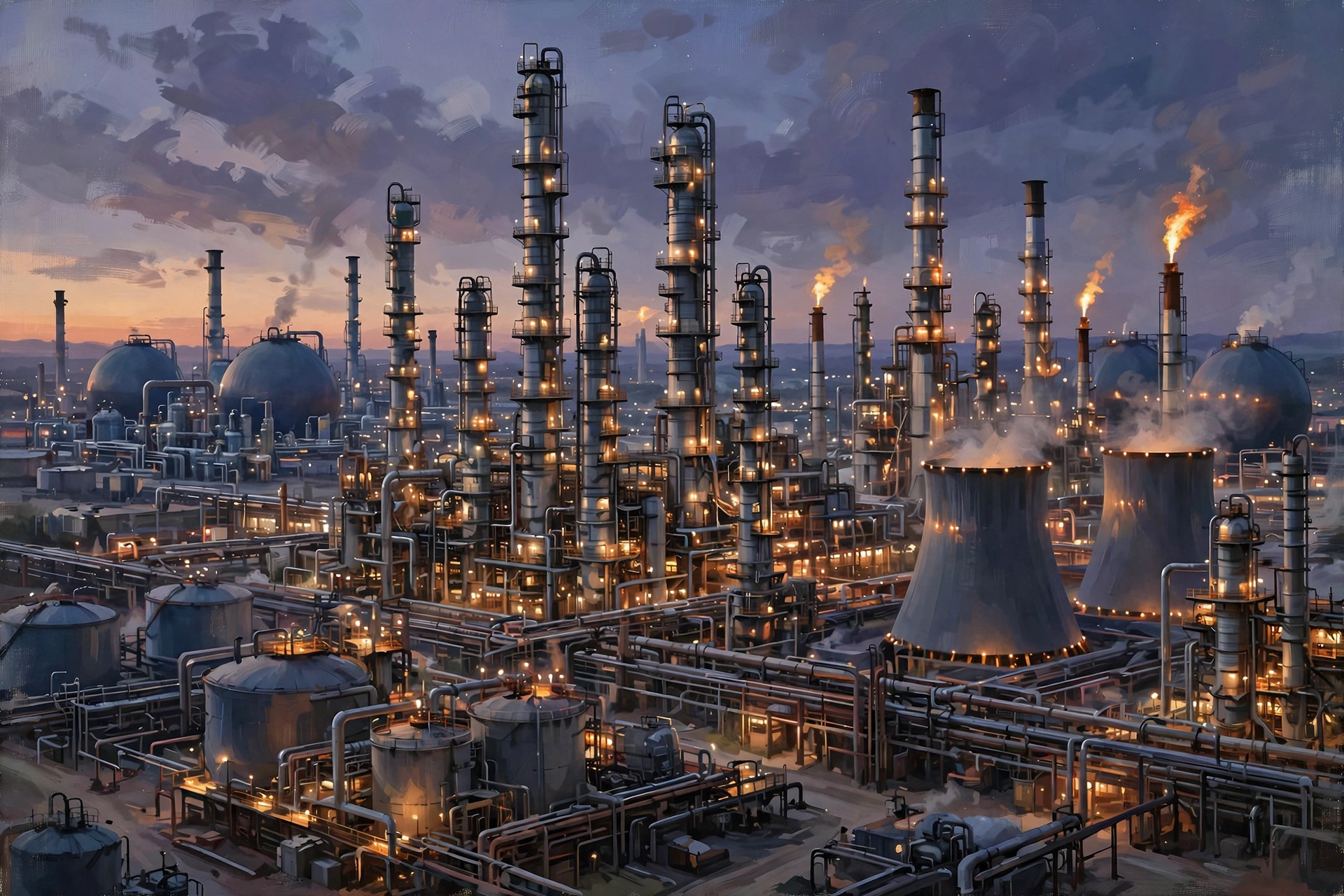 Digital illustration of an oil refinery at dusk representing Reliance energy business and Mukesh Ambani net worth