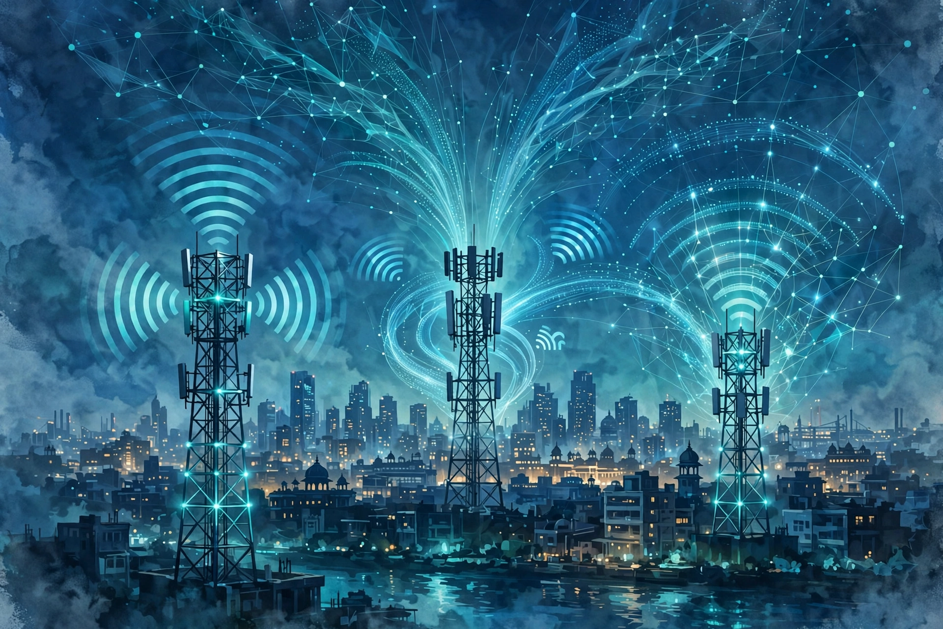 Digital illustration of telecom towers over a city skyline representing Jio and Mukesh Ambani net worth 2026