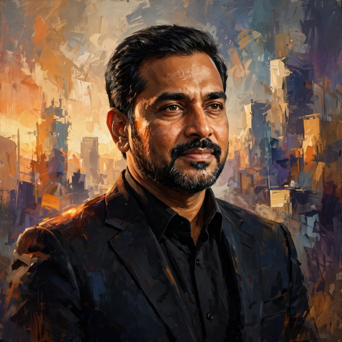 Stylized digital illustration portrait inspired by Indian business tycoon for Mukesh Ambani net worth 2026