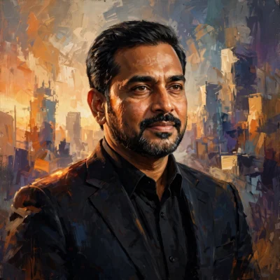 Stylized digital illustration portrait inspired by Indian business tycoon for Mukesh Ambani net worth 2026