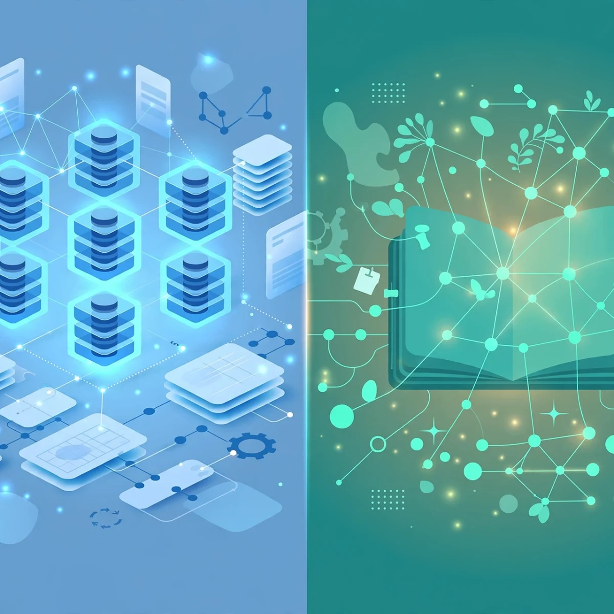 Notion vs Obsidian comparison illustration showing collaborative workspace versus private note network