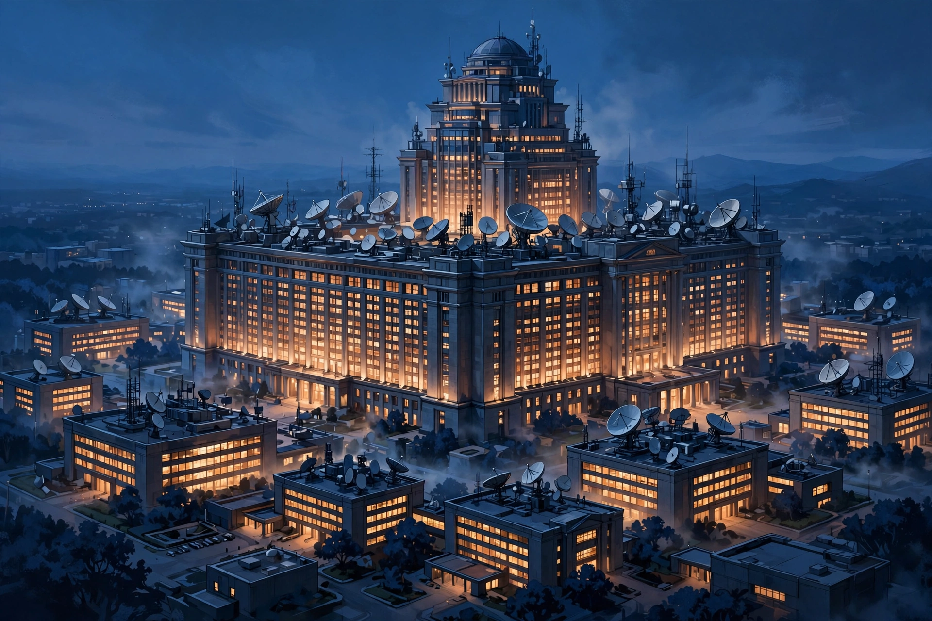 Illustration of a television network headquarters building at dusk symbolizing Oprah Winfrey OWN network media empire