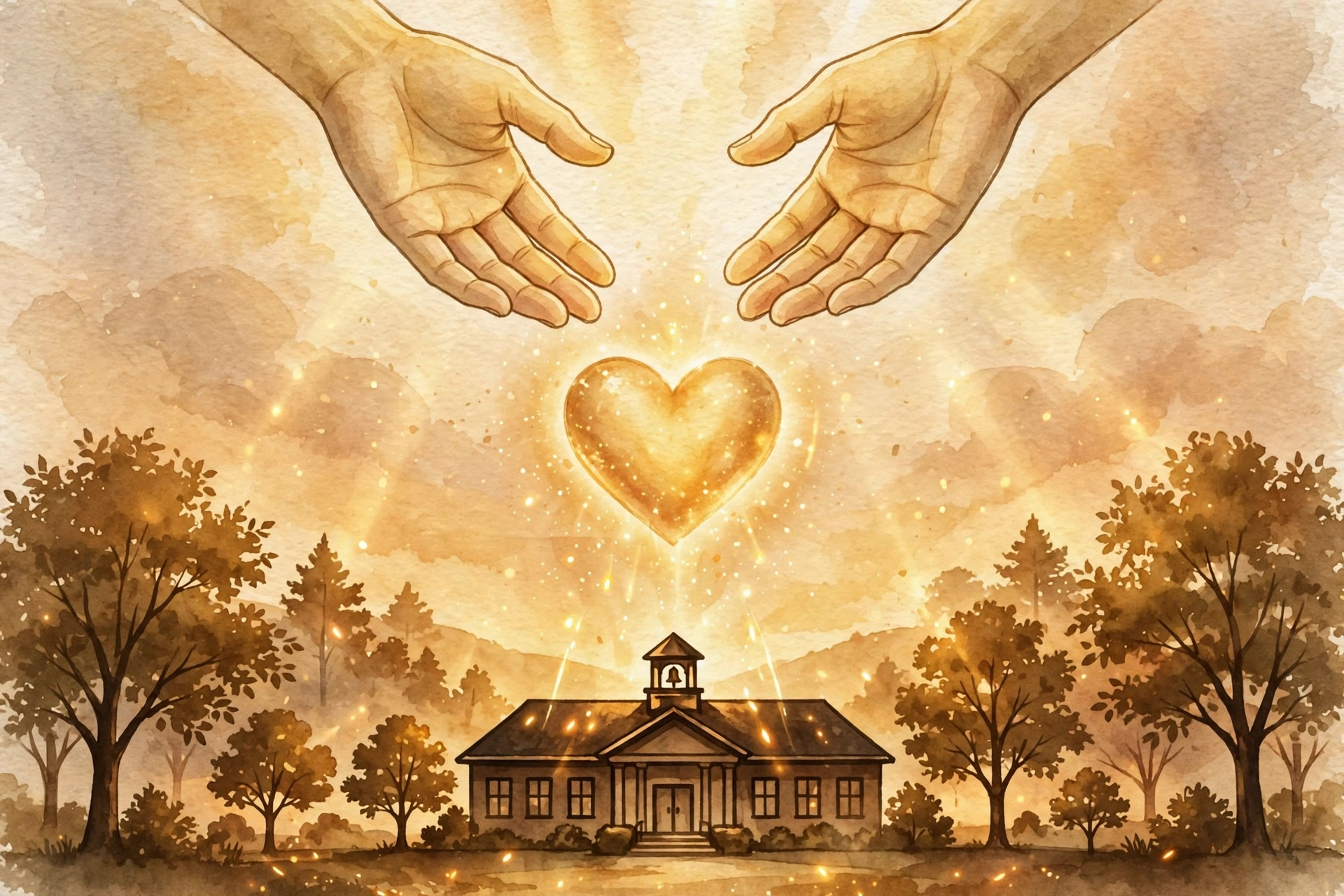 Symbolic illustration of open hands releasing a glowing heart over a school, representing Oprah Winfrey philanthropy 2026