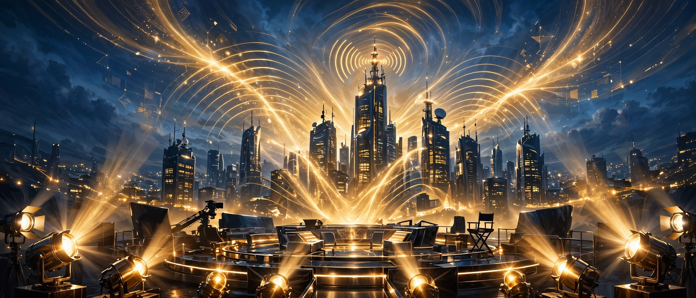 Oprah Winfrey net worth 2026 illustrated concept, television studio stage with media empire skyline and broadcast waves
