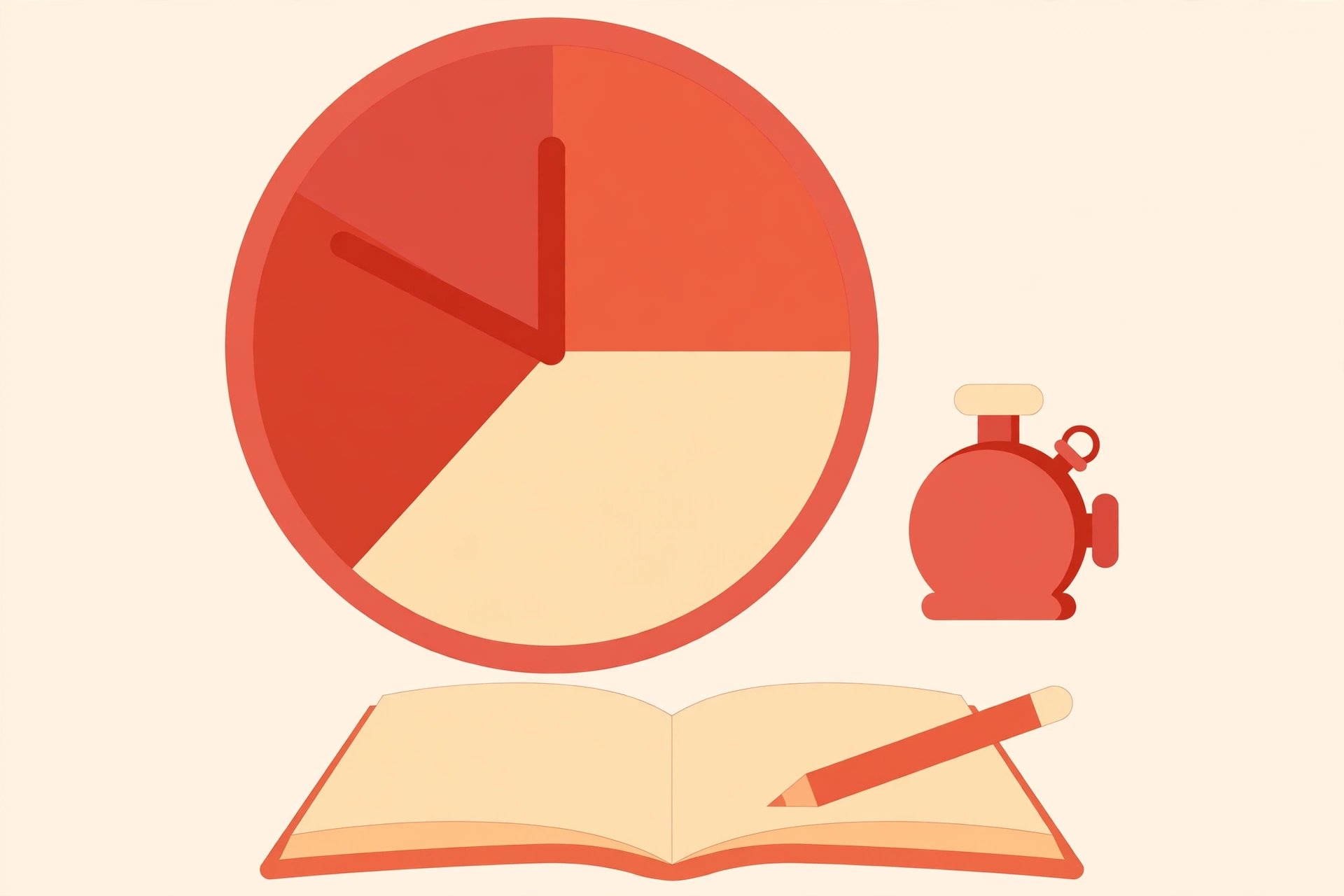 Illustration of a clock divided into four study segments with a tomato timer, open book and pencil
