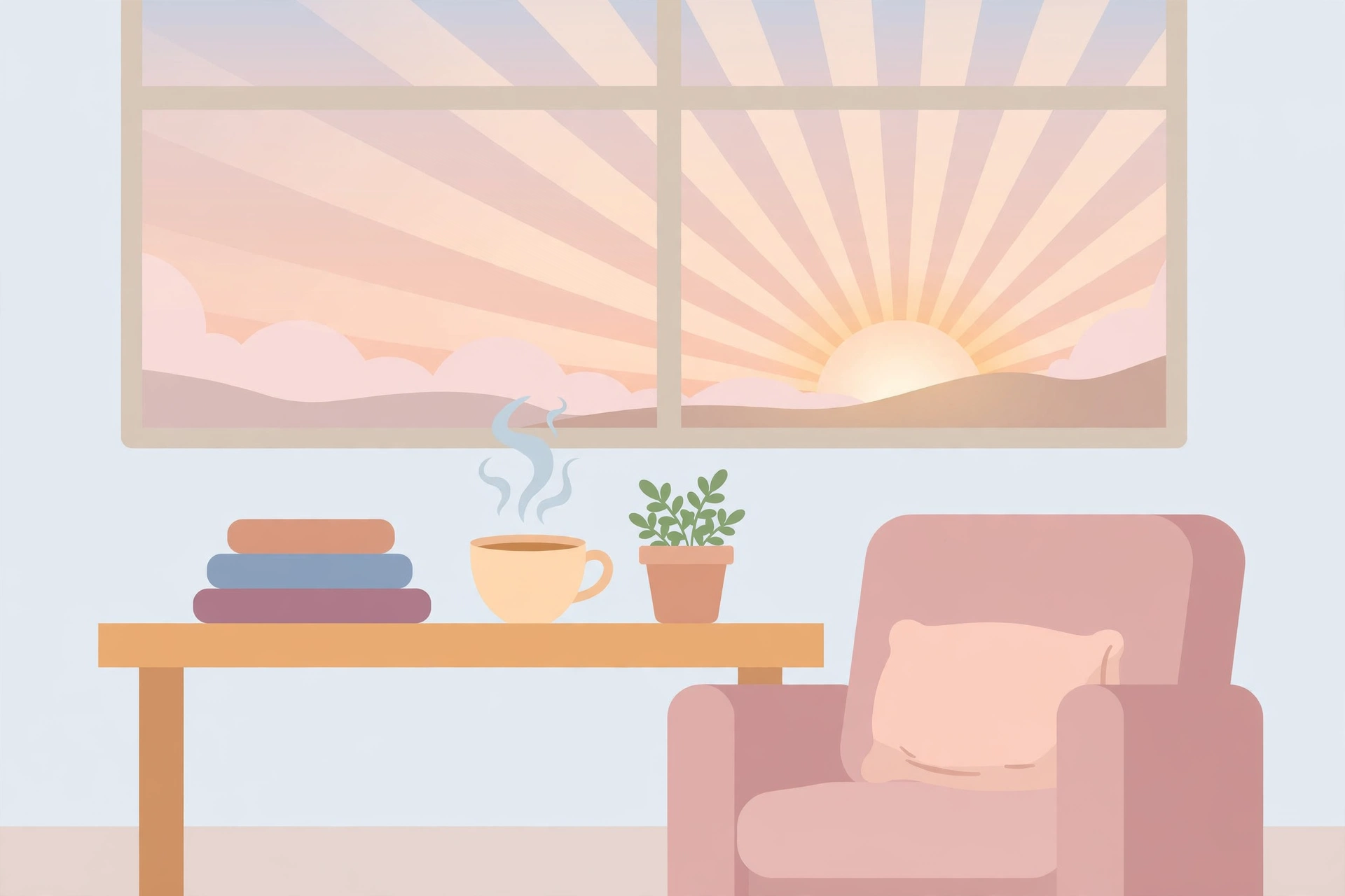 Illustration of a peaceful student workspace at sunrise symbolizing a restorative Pomodoro study break