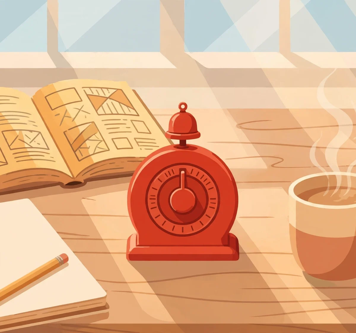 Illustration of a study desk with a tomato-red kitchen timer, textbooks, notebook and coffee mug