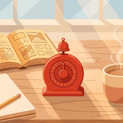 Illustration of a study desk with a tomato-red kitchen timer, textbooks, notebook and coffee mug