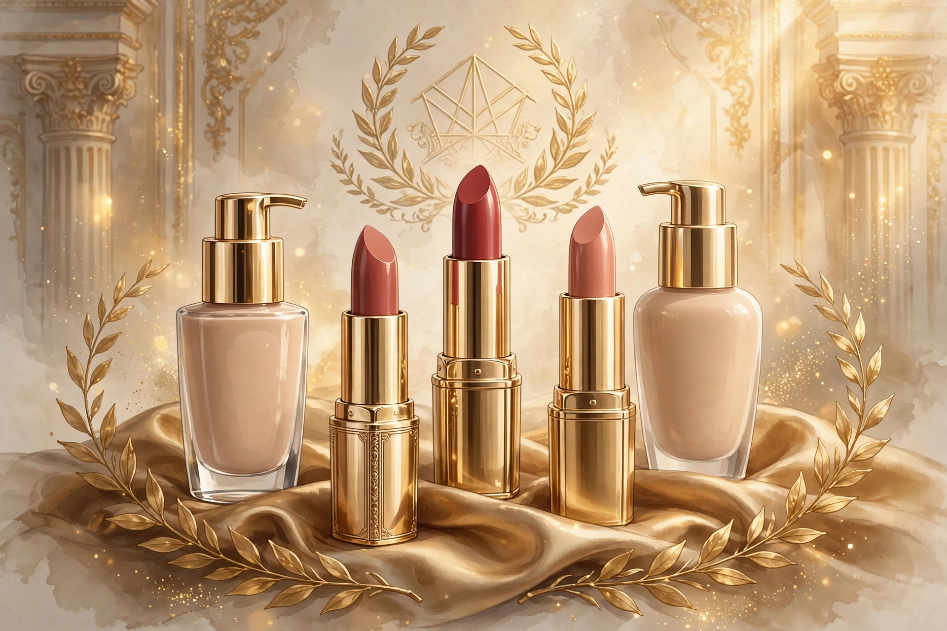 Illustration of luxury cosmetics products symbolizing Rihanna Fenty Beauty business wealth 2026