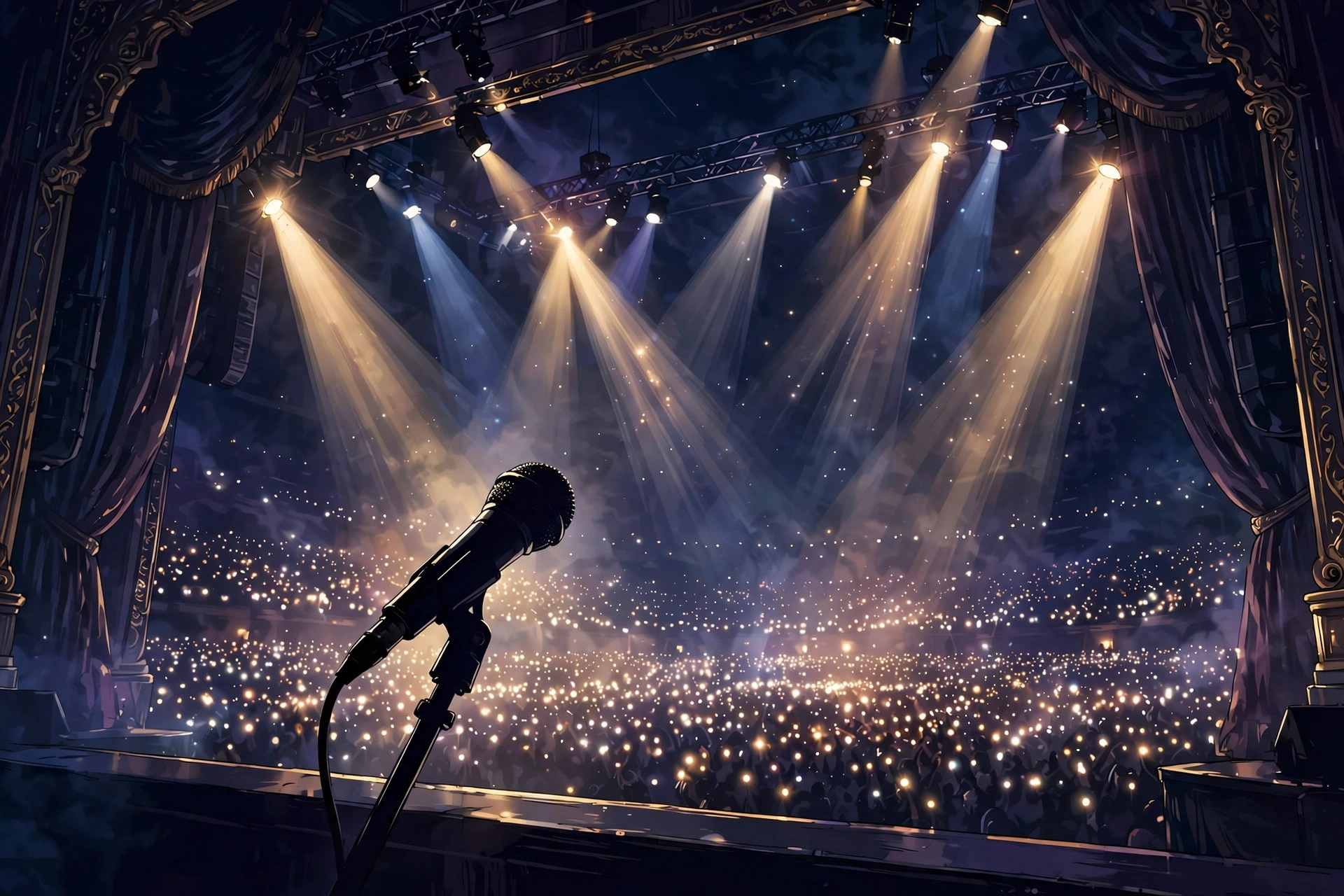 Illustration of a concert stage with spotlights symbolizing Rihanna music career earnings 2026