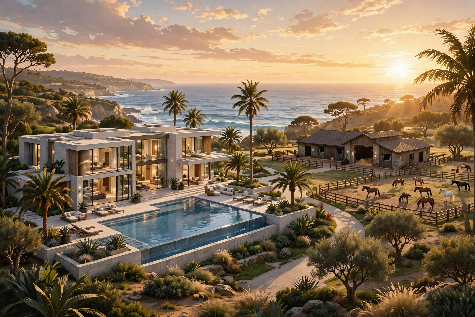 Luxury coastal mansion with equestrian grounds, representing Robert Downey Jr's real estate portfolio in 2026