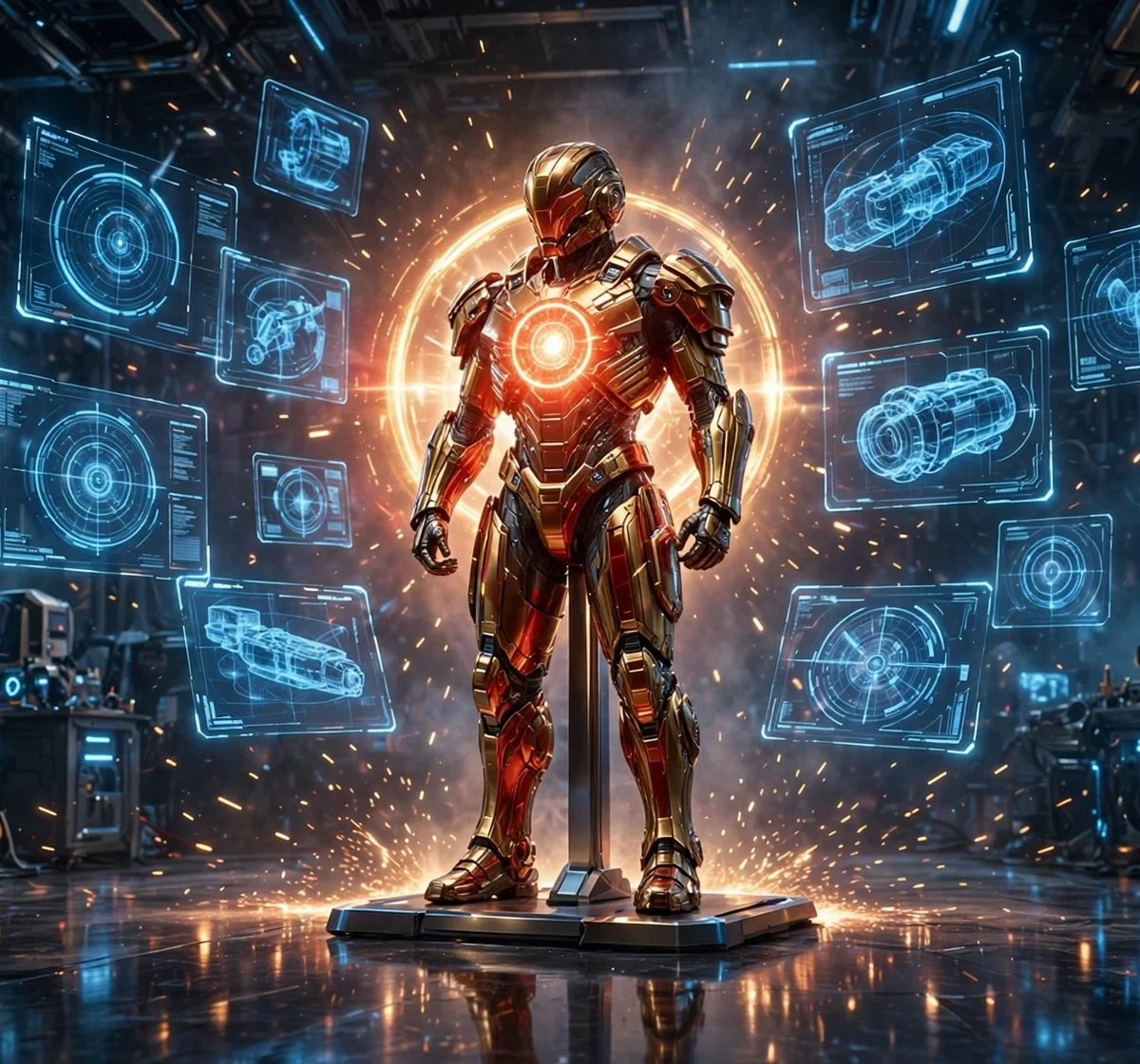 Robert Downey Jr net worth 2026: golden armored suit in a high-tech workshop, symbolizing his estimated $300 million fortune