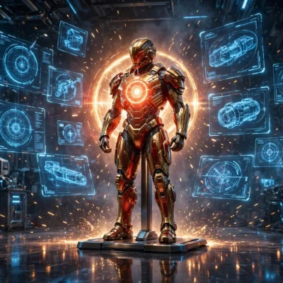 Robert Downey Jr net worth 2026: golden armored suit in a high-tech workshop, symbolizing his estimated $300 million fortune