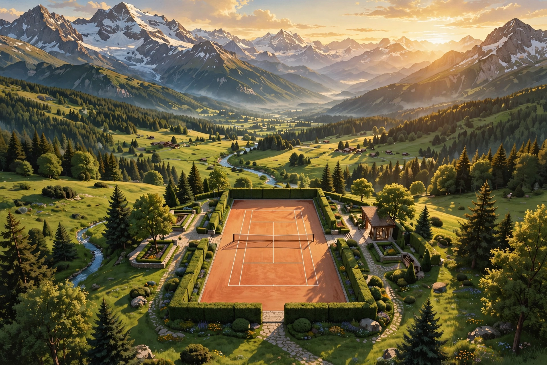 Tennis court at golden hour with Swiss Alps, illustrating Roger Federer's wealth and roots in 2026