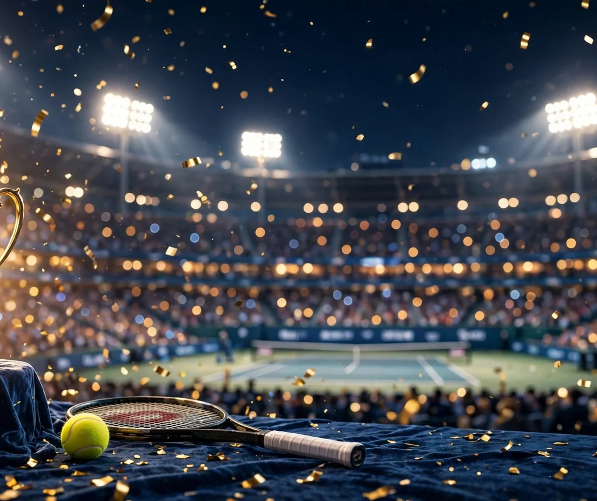 Roger Federer net worth 2026: golden tennis trophy in a packed stadium, symbolizing his estimated $1.1 billion fortune