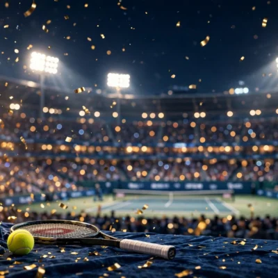 Roger Federer net worth 2026: golden tennis trophy in a packed stadium, symbolizing his estimated $1.1 billion fortune
