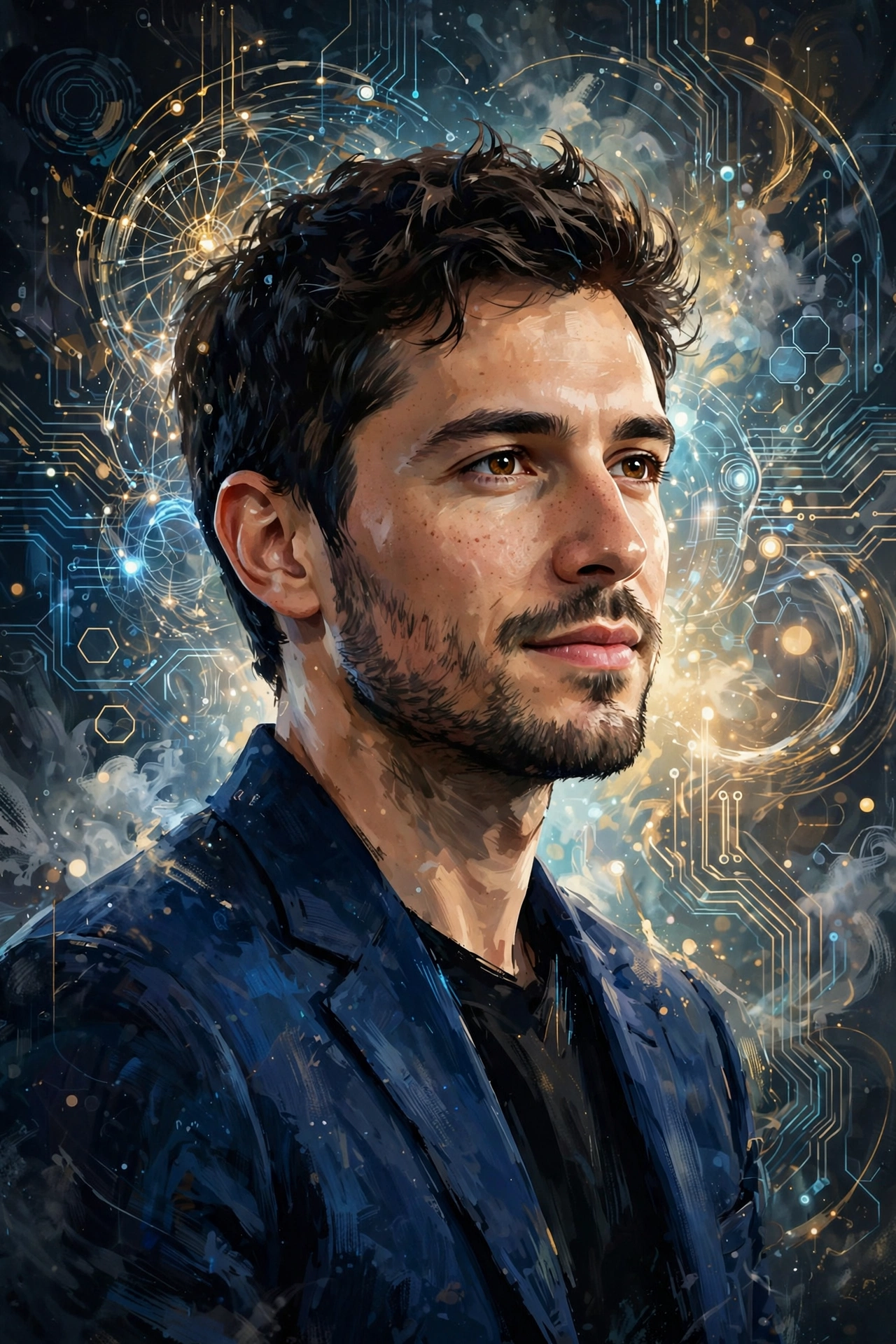 Stylized digital illustration portrait inspired by a tech CEO for Sam Altman net worth 2026