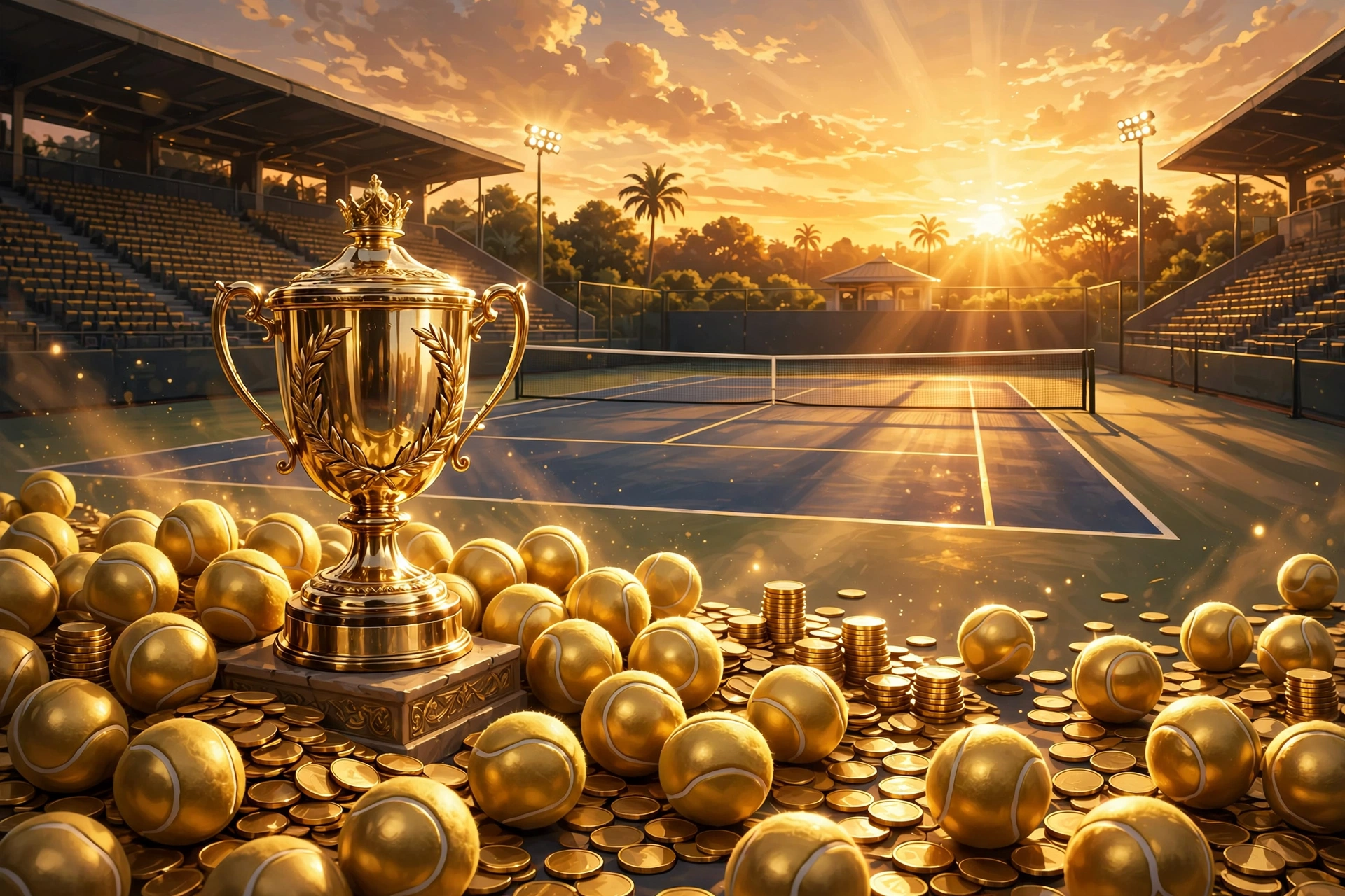Illustration of a tennis court with championship trophy symbolizing Serena Williams tennis earnings 2026