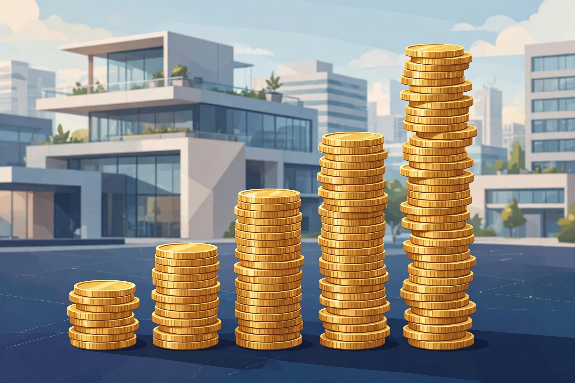 Illustration of gold coin bar chart with buildings symbolizing Serena Ventures investment success 2026