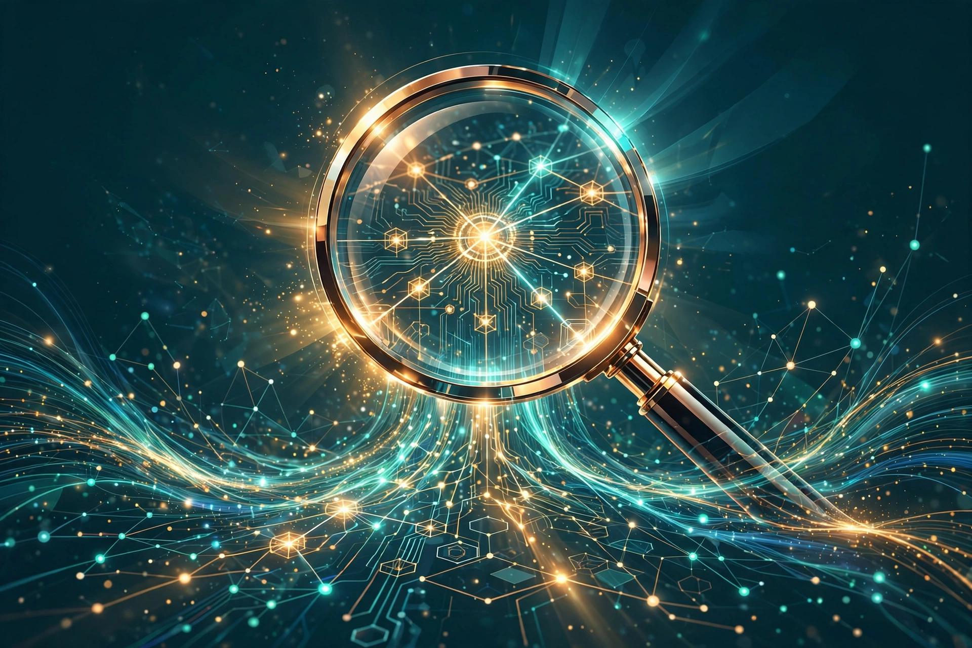 Abstract search technology motif with magnifying glass and network nodes for Sergey Brin net worth 2026