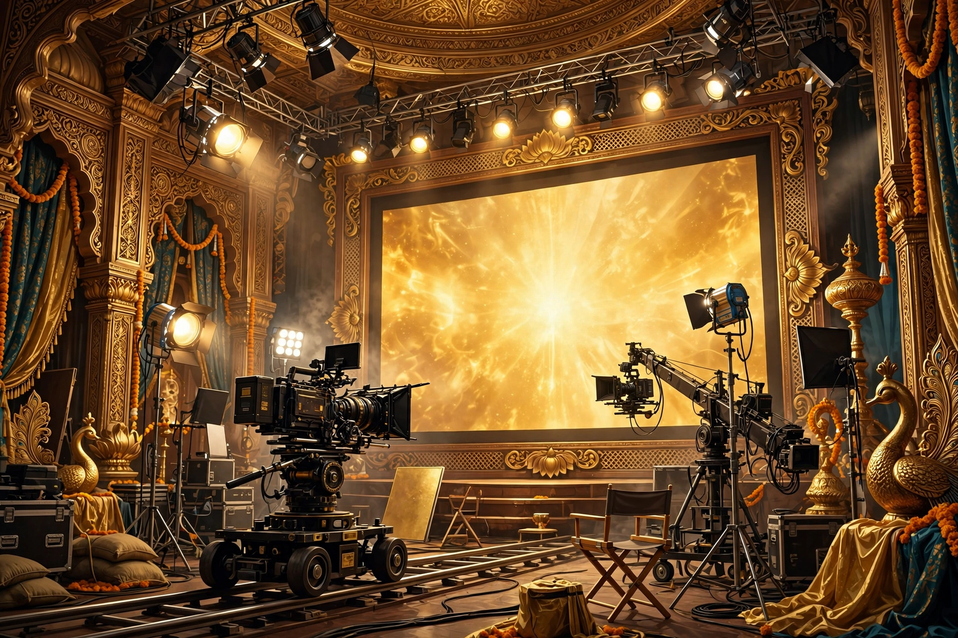 Illustration of a grand Bollywood film set symbolizing Shah Rukh Khan film earnings 2026