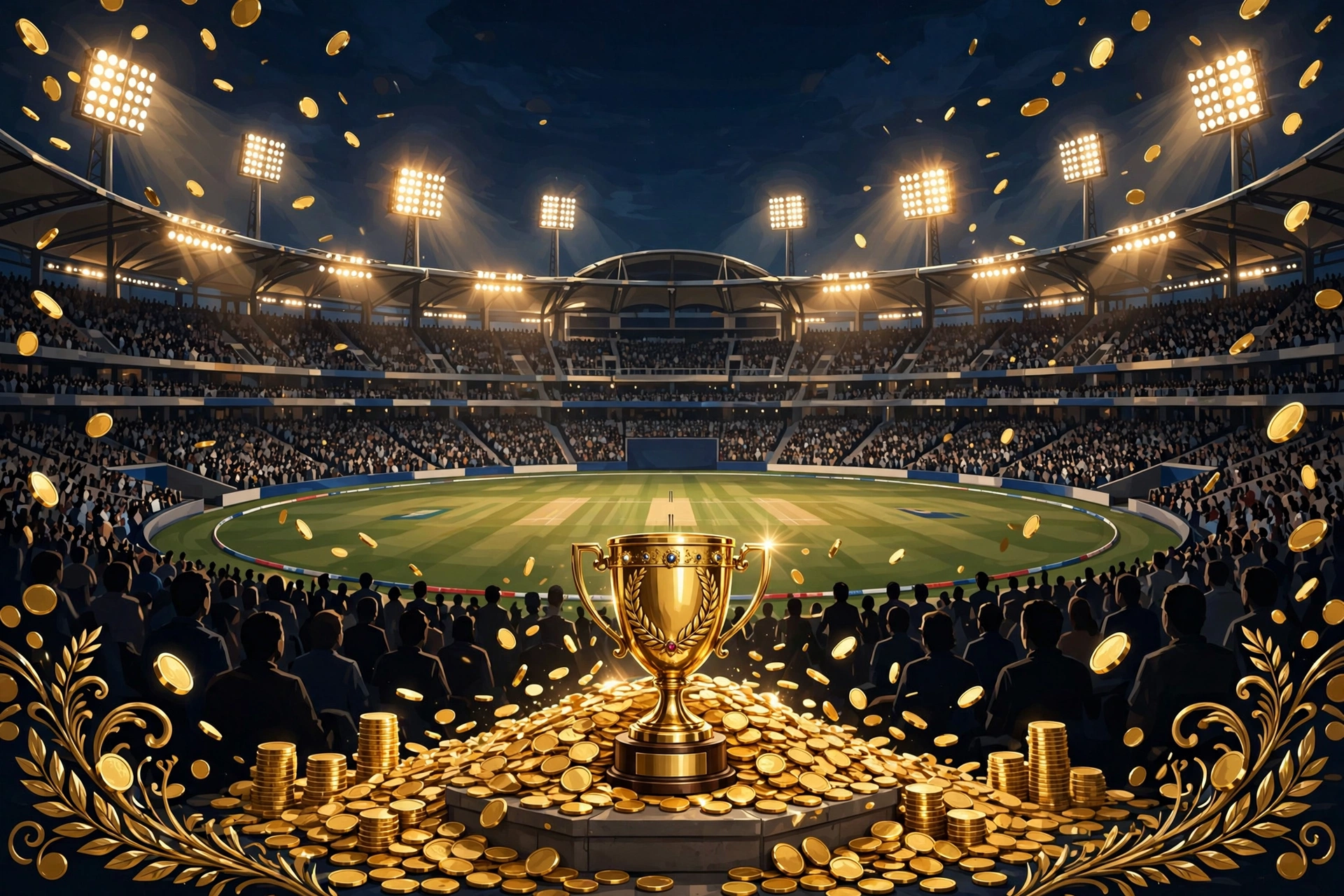 Illustration of a cricket stadium with trophy symbolizing Shah Rukh Khan KKR franchise wealth 2026