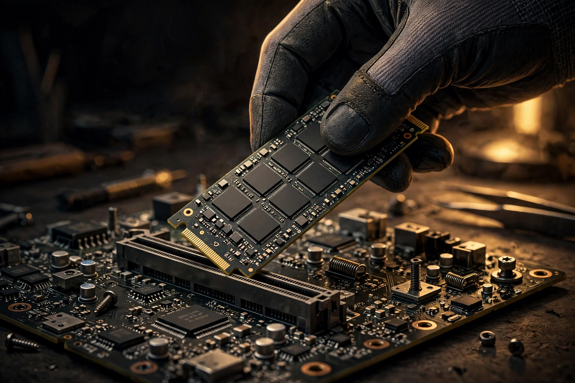 NVMe SSD being slotted into a motherboard M.2 slot during installation