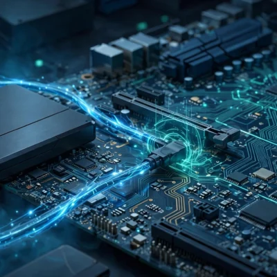SSD not showing up in Windows 11, an SSD drive connected to a motherboard by a glowing cable