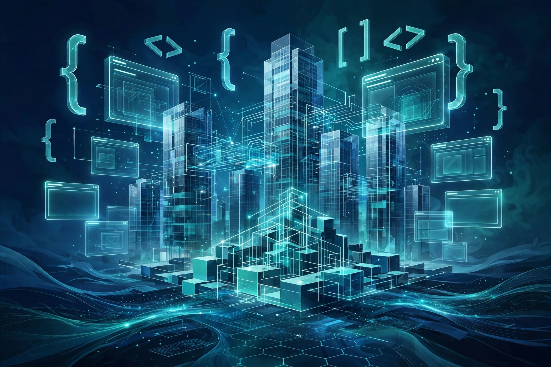 Abstract digital illustration of a software company campus symbolizing Microsoft wealth behind Steve Ballmer net worth 2026