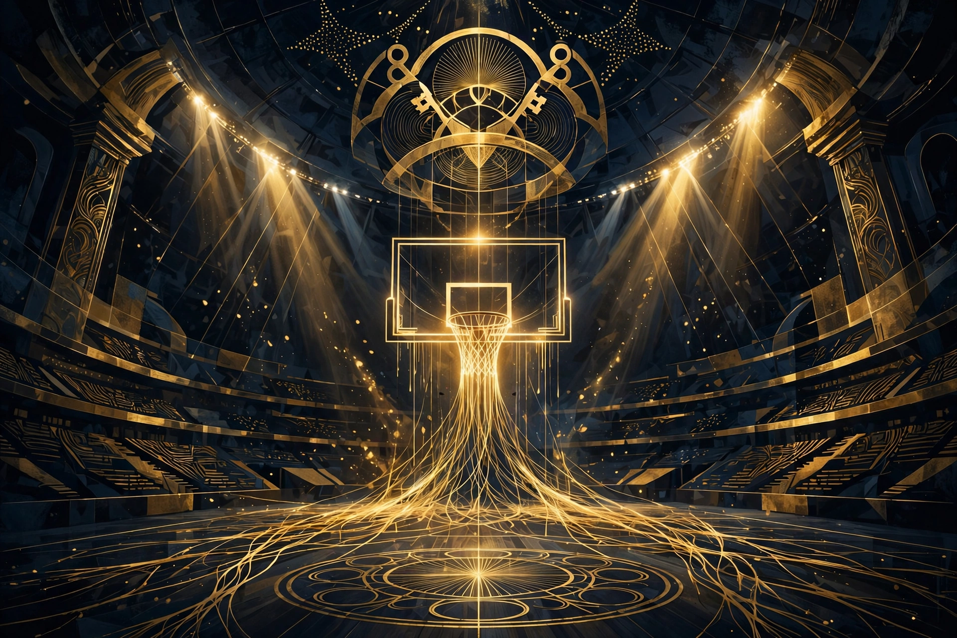 Abstract digital illustration of a basketball arena at night symbolizing Clippers ownership in Steve Ballmer net worth 2026
