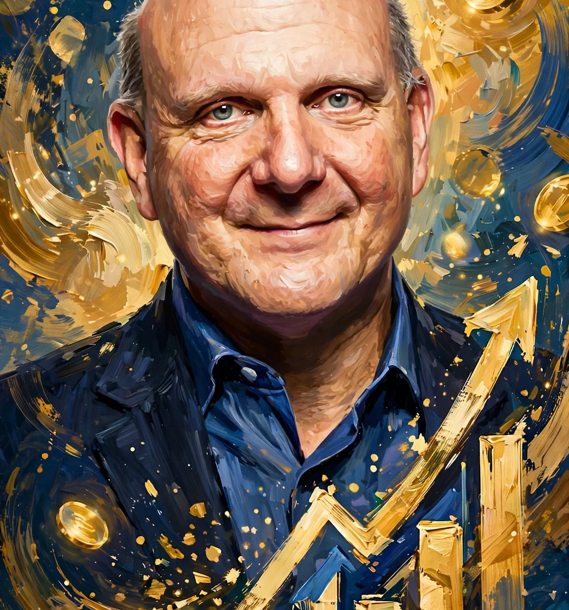 Stylized digital illustration portrait inspired by Steve Ballmer with golden wealth motifs for Steve Ballmer net worth 2026