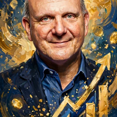 Stylized digital illustration portrait inspired by Steve Ballmer with golden wealth motifs for Steve Ballmer net worth 2026