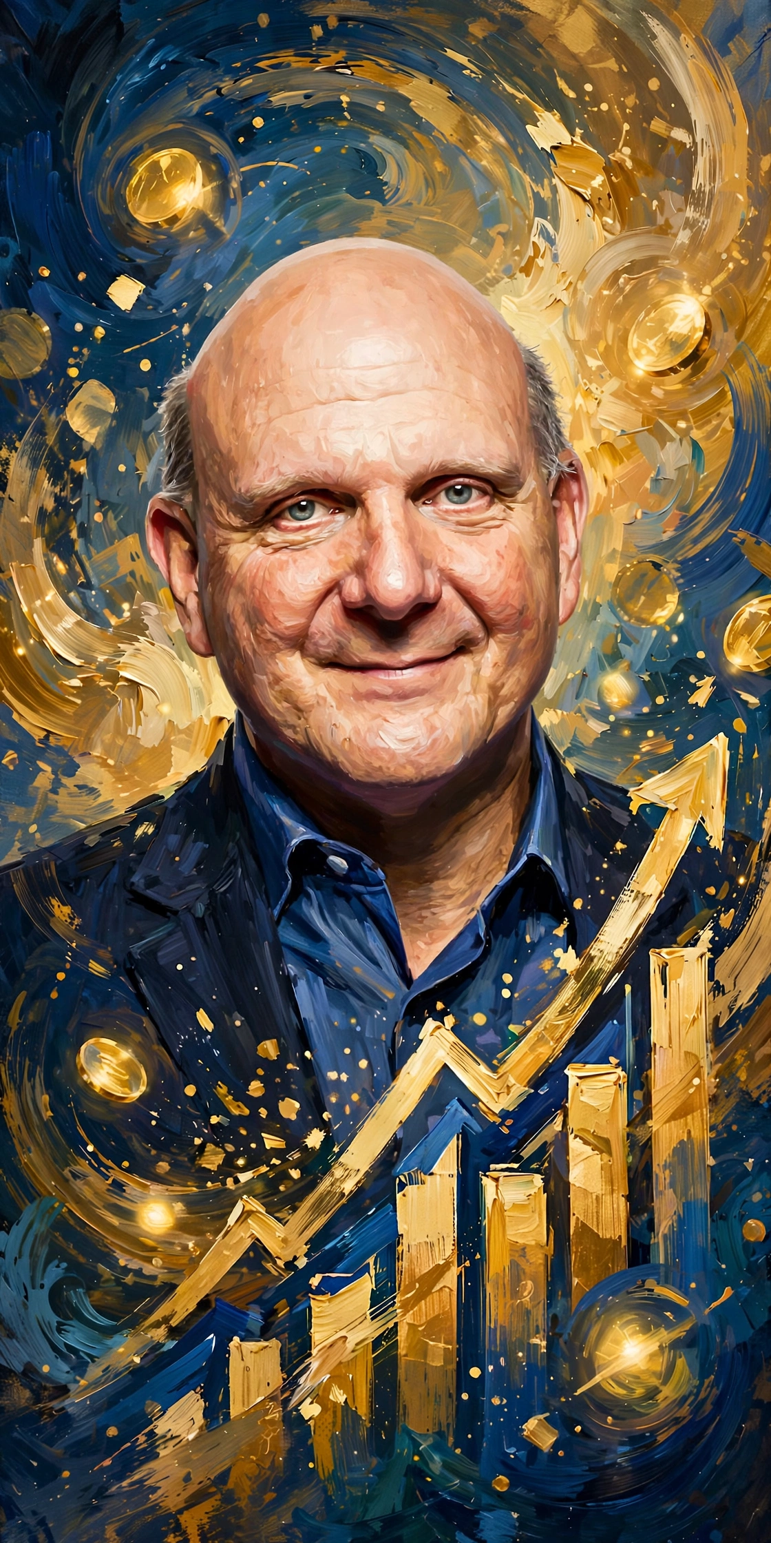 Stylized digital illustration portrait inspired by Steve Ballmer with golden wealth motifs for Steve Ballmer net worth 2026