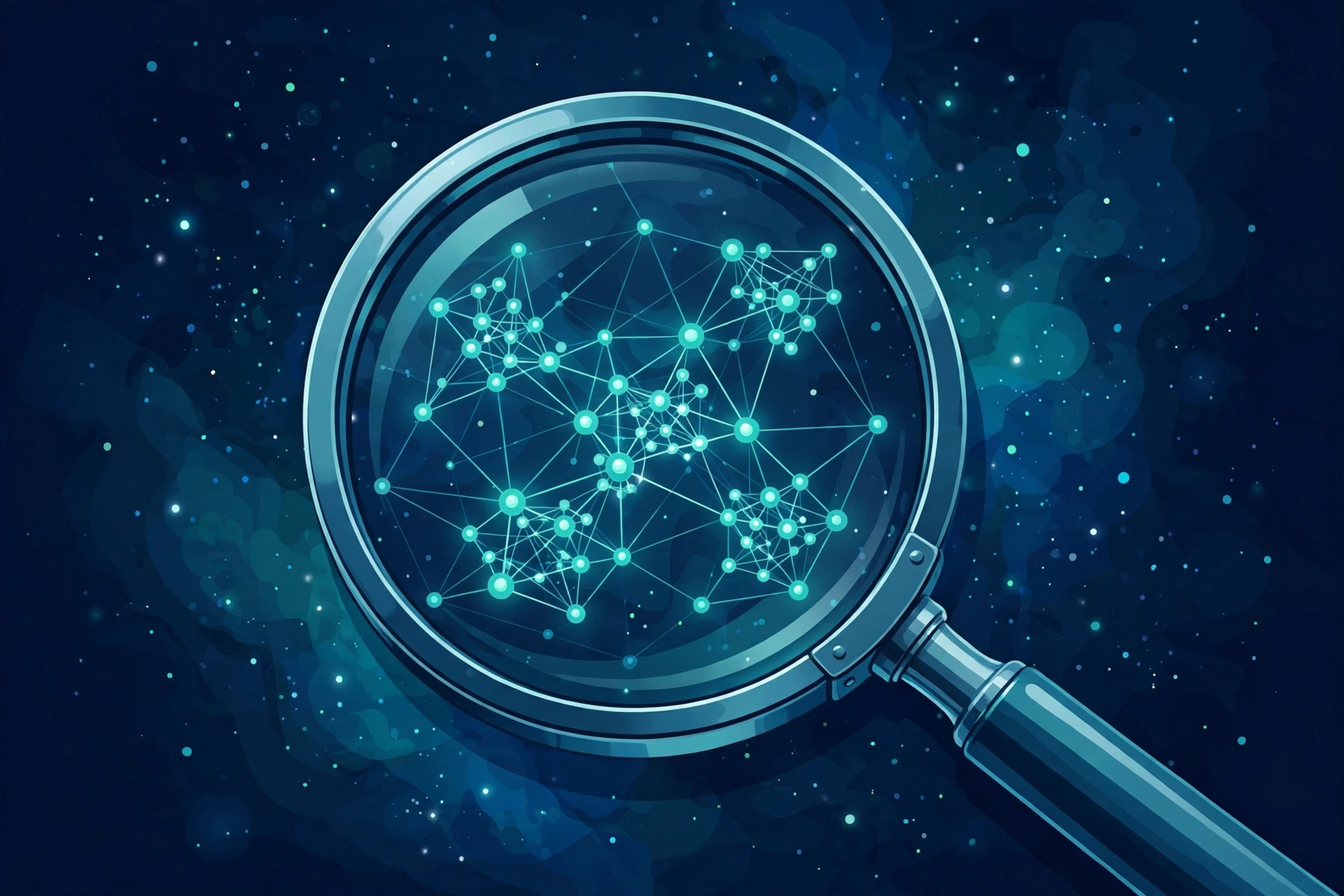 Magnifying glass over keyword clusters representing Surfer SEO keyword research features