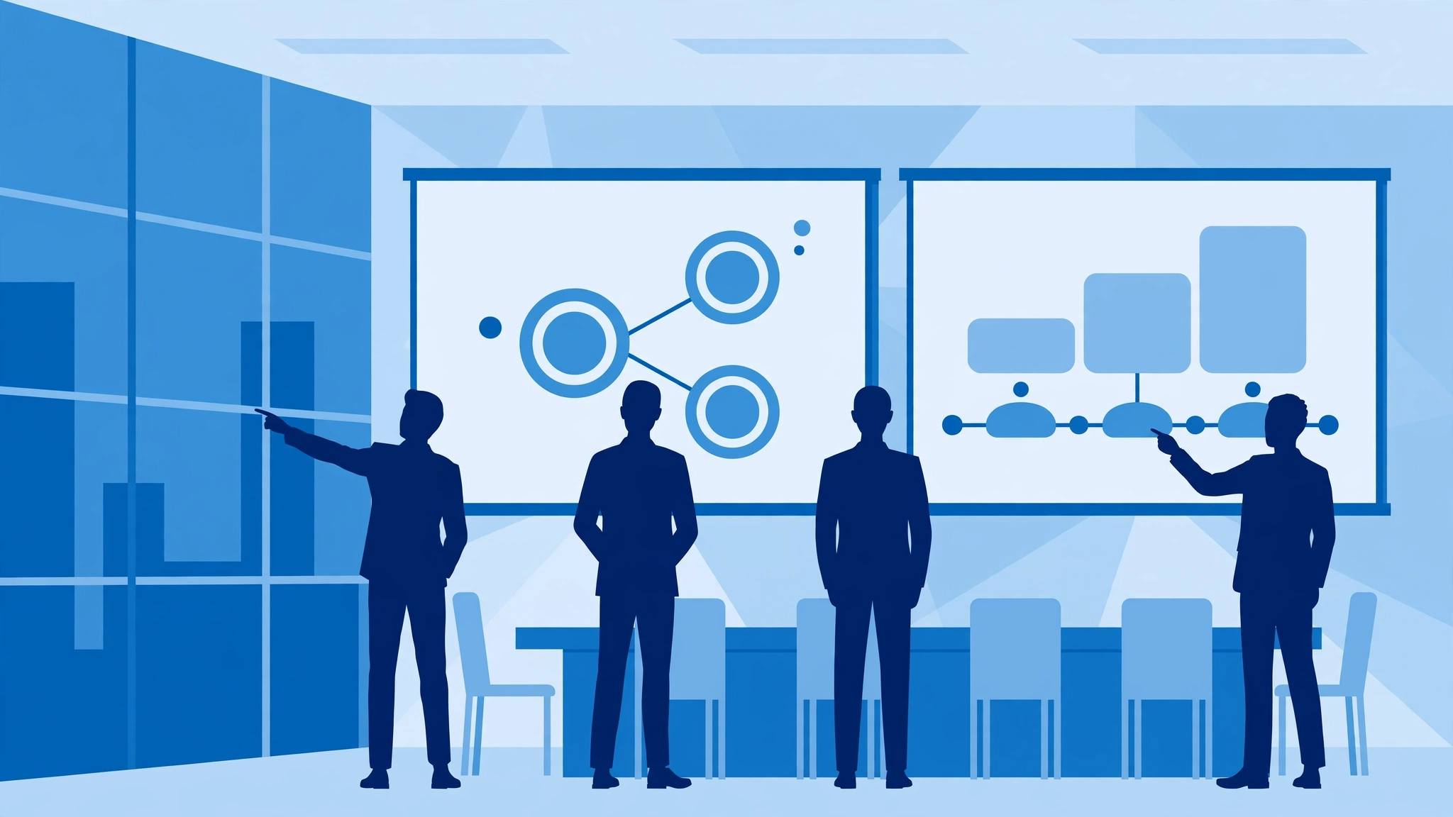 Illustration of professional AI avatars presenting corporate training videos in an office setting