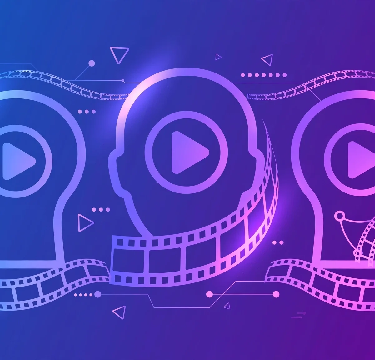 Wide symbolic illustration of AI avatar video generation, glowing human silhouettes and play buttons in blue and purple