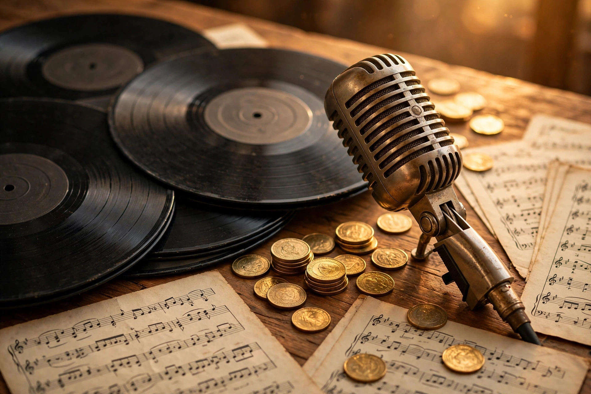 Vinyl records and vintage microphone symbolizing Taylor Swift music catalog value and royalties