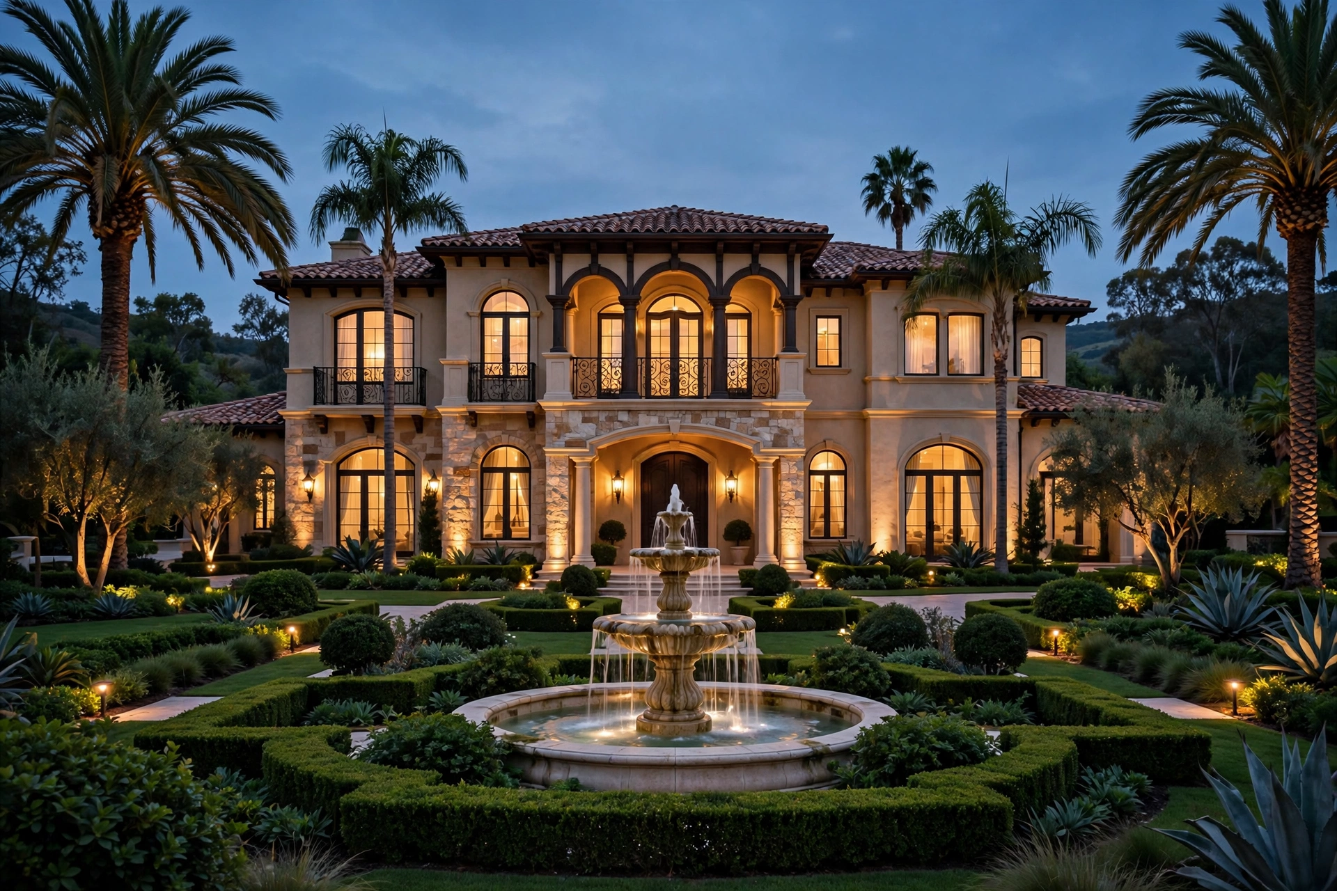 Luxury mansion at dusk representing Taylor Swift real estate portfolio across four states